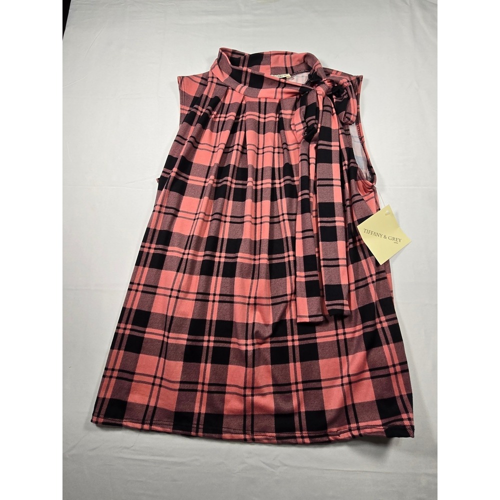 NWT Tiffany & Grey Petite‎ Small Pink Black Plaid Sleeveless Bow Neck Blouse
